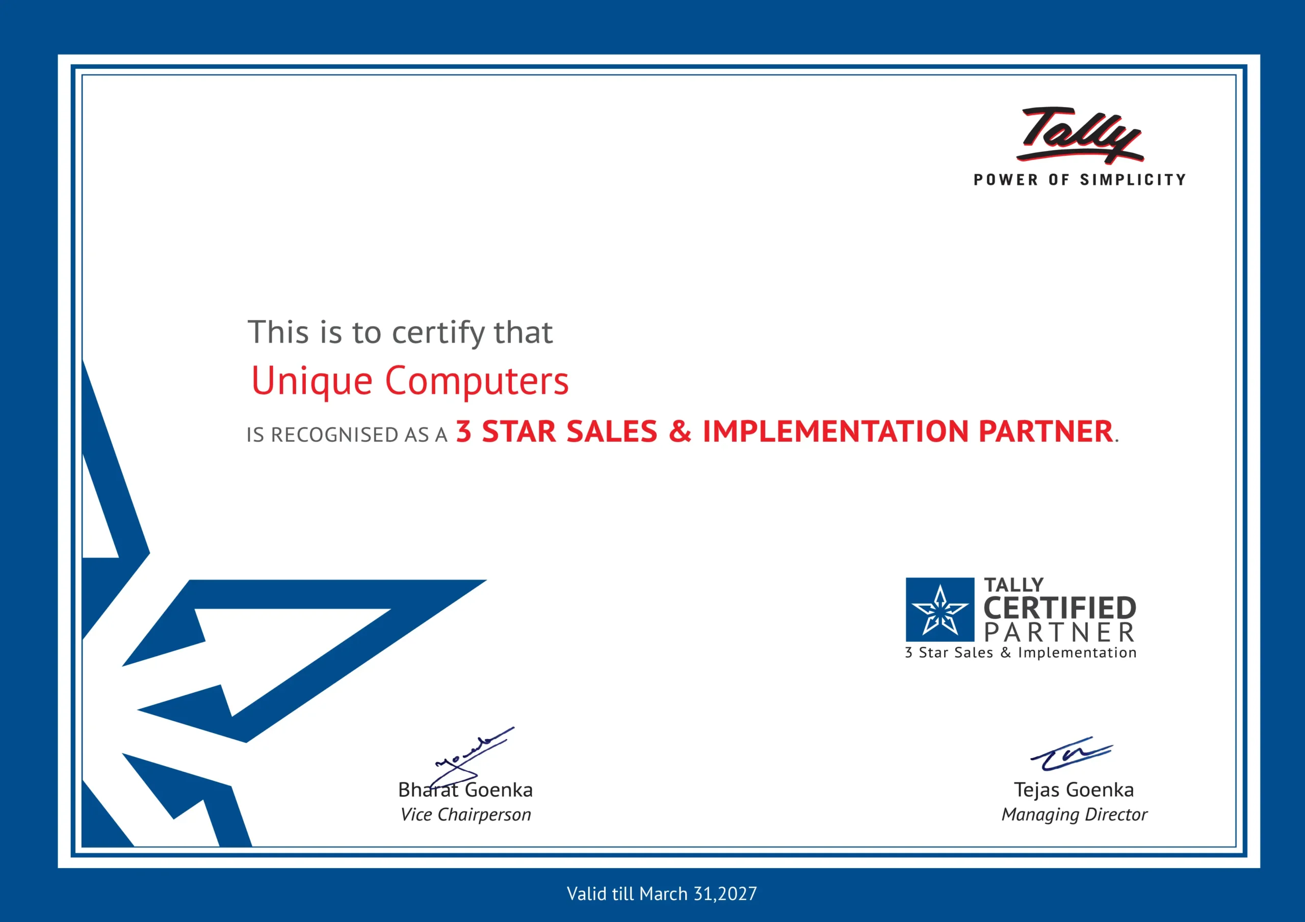 Tally 3 Star Certified Partner Certificate