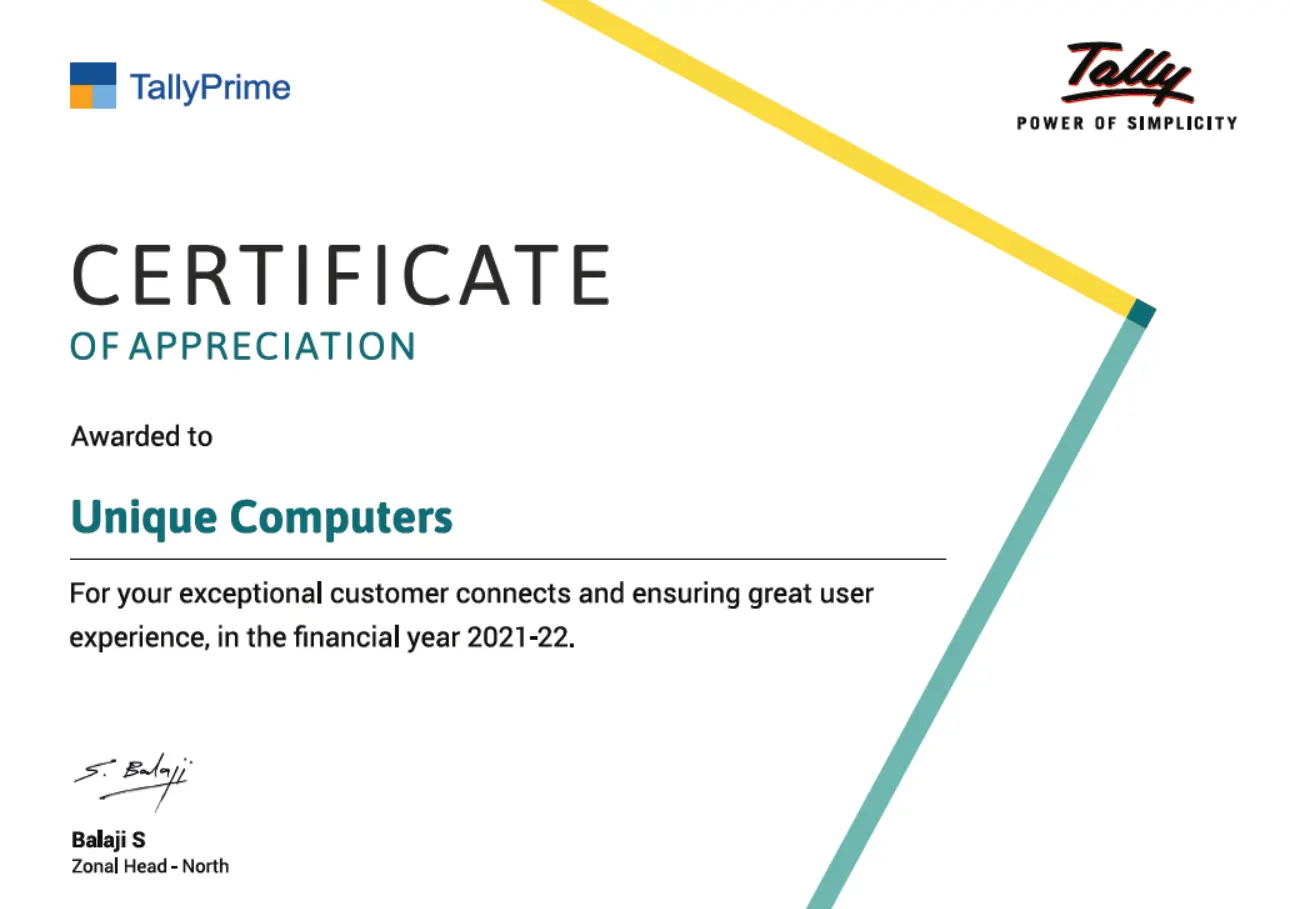Official Tally Certificate of Appreciation Unique Computers